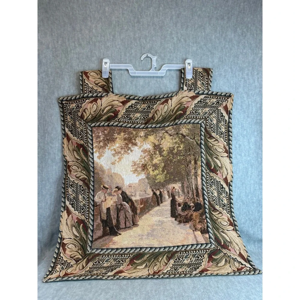 Vintage Hanging Tapestry Pictorial French Scene People Park Landscape Border Art